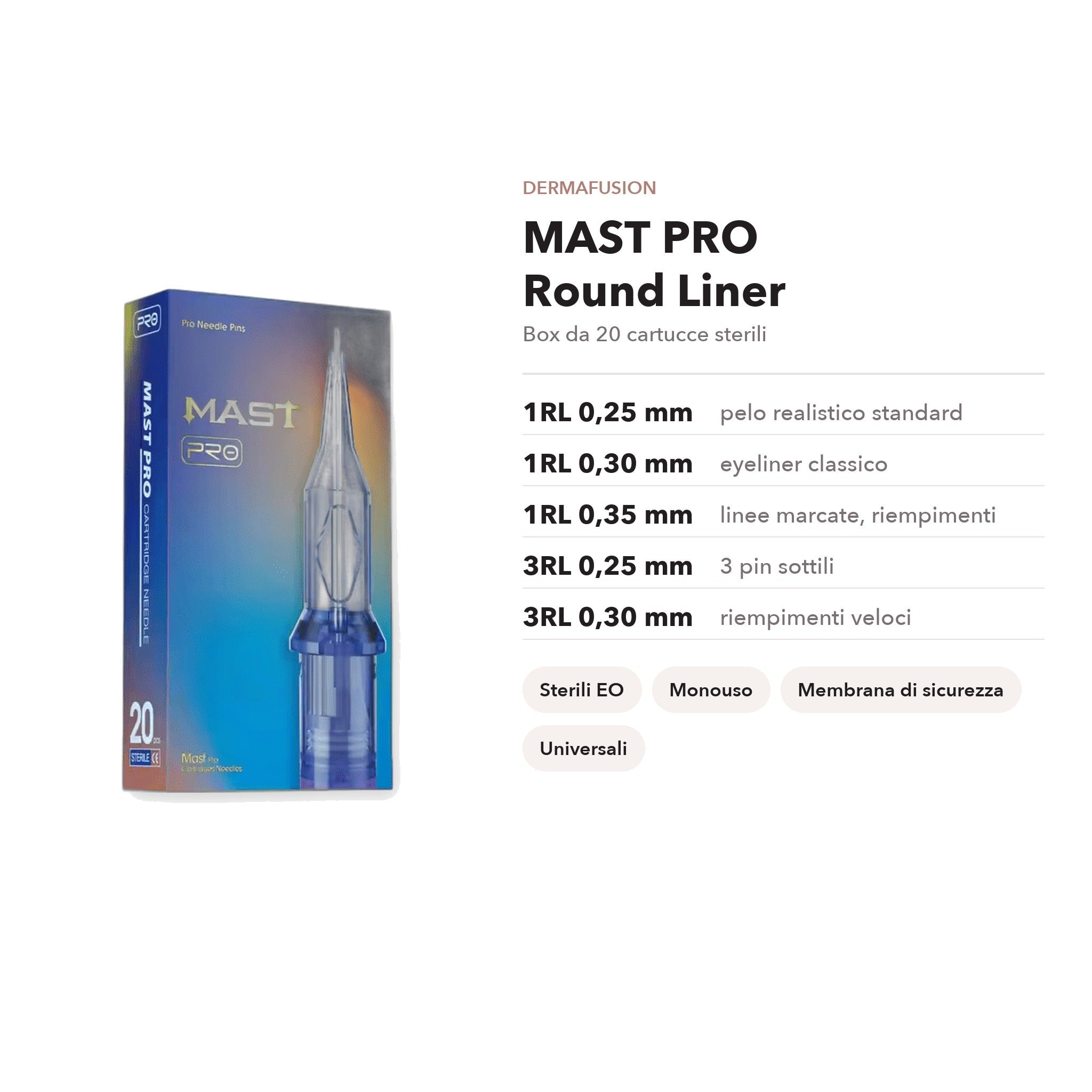 Aghi cartuccia sterili monouso per dermografo PMU — MAST PRO Round Liner (trucco permanente) - Dermafusion