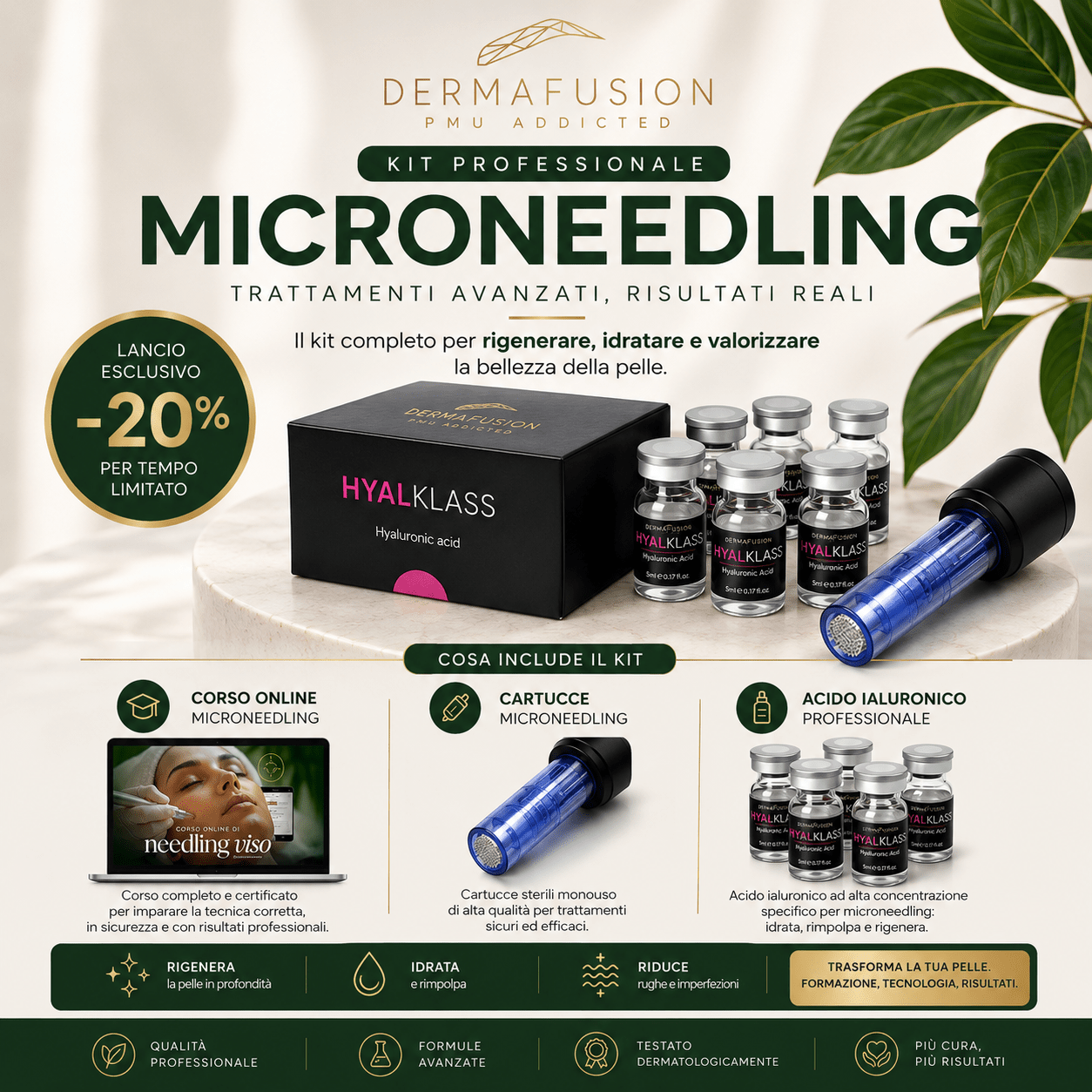 Kit Microneedling COMPLETO — Corso + Cartucce 36P + Hyalklass - Dermafusion